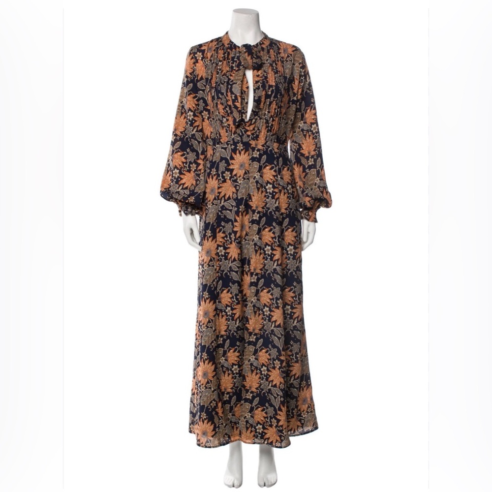 Tularosa Navy and Orange Floral Long Sleeve Dress